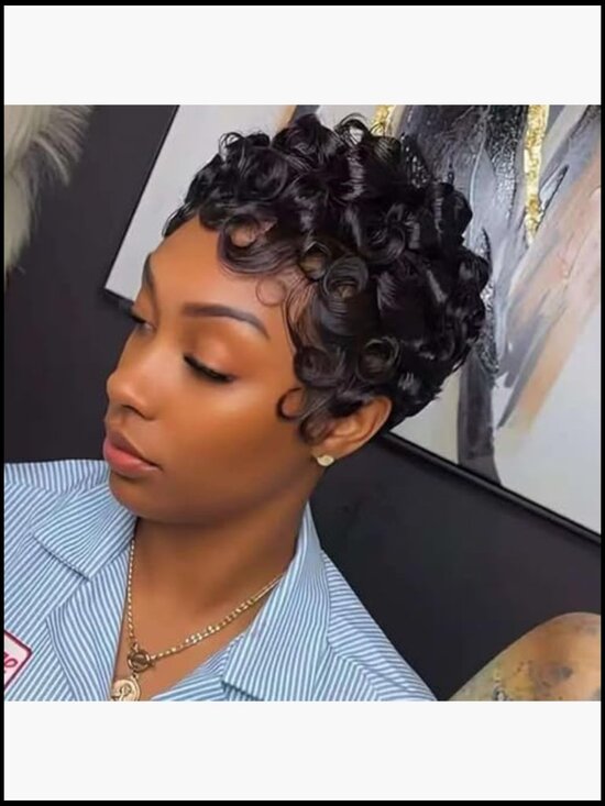 Short Curly Pixie Cut Wig Loose Wave Human Hair Glueless Layered With Bangs main image 4